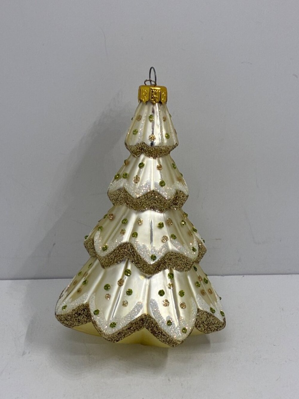 Dept 56 Glass Christmas Tree Ornament With Glitter Accents 5.5" Ivory & Gold Hol